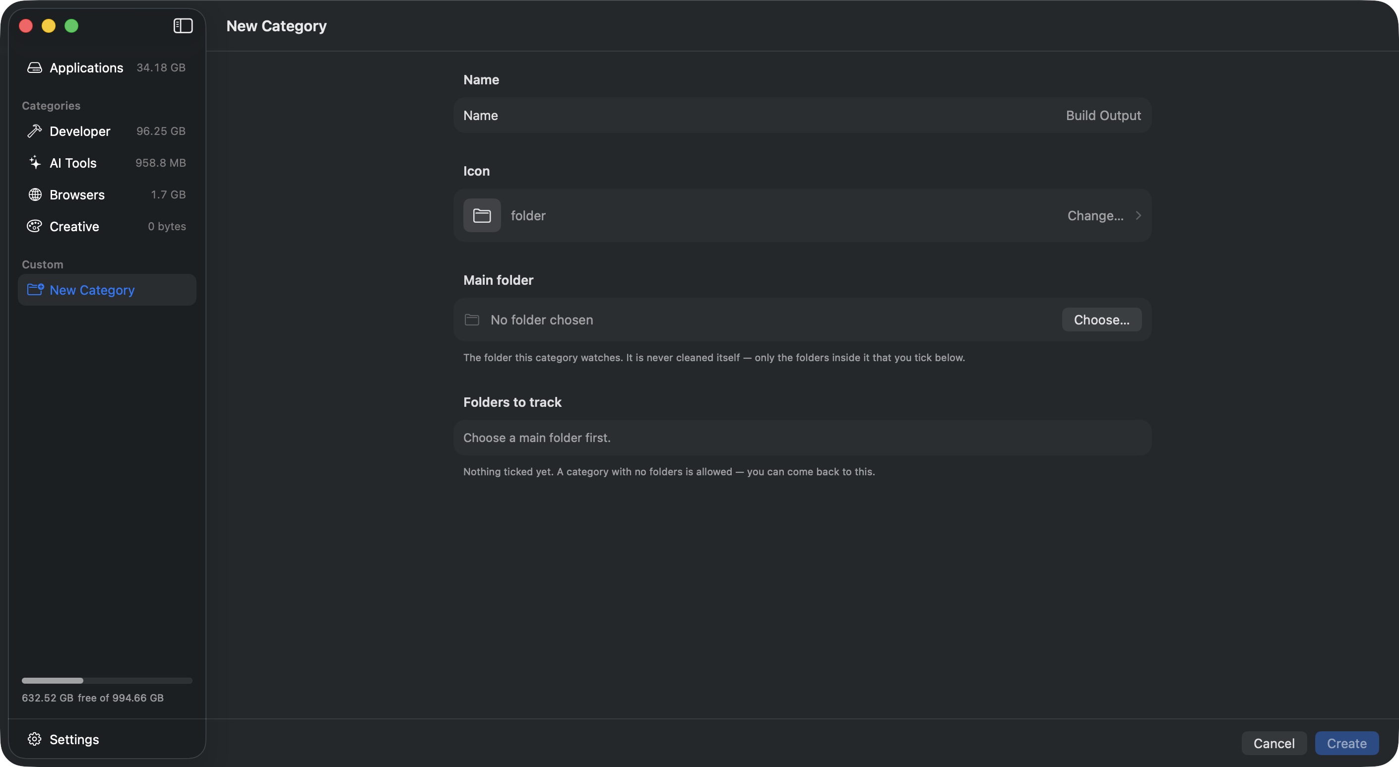 The Custom Category editor: fields for a name, an SF Symbol icon, a main folder to watch, and the list of folders inside it to track.